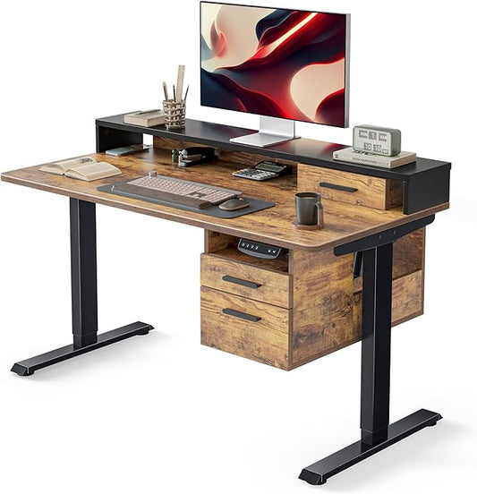 CubiCubi Standing Desk with Wood Drawers, 48" x 24" Electric Height Adjustable Table with Monitor Shelf, 3 Drawers and Open Storage, Computer Home Office Sit and Stand up Workstation, Rustic Brown