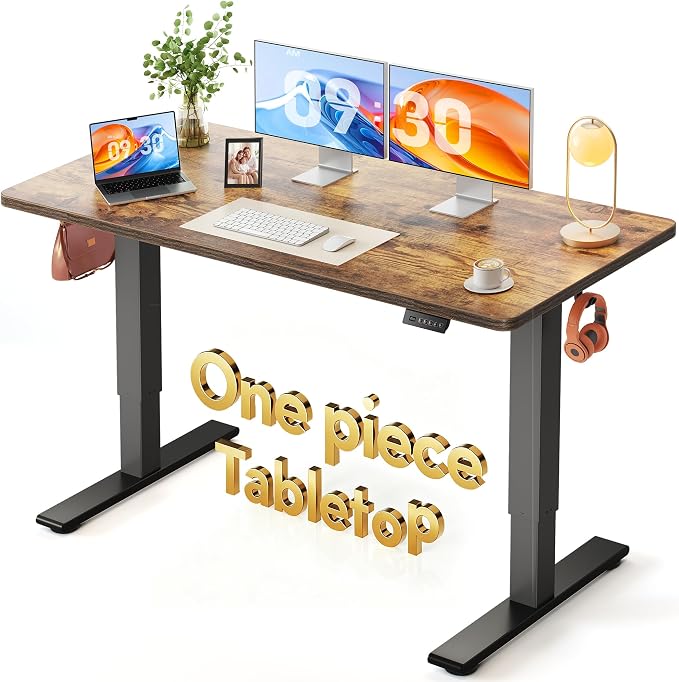 FEZIBO One-Piece Standing Desk, 55"x28" Seamless Tabletop Electric Height Adjustable for Home Office, Study Rooms & Multi-Device Workstations, Rustic Brown
