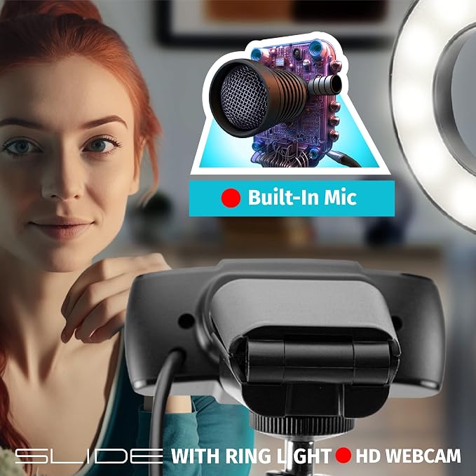 Slide 1080P HD Webcam with Portable Ring Light and Clamp-on Stand, Streaming Camera with Mic, 30 FPS, 30 Light Modes, 2 Flexible Arms, Secure Clamp, Includes Sliding Lens Cover and USB Cable