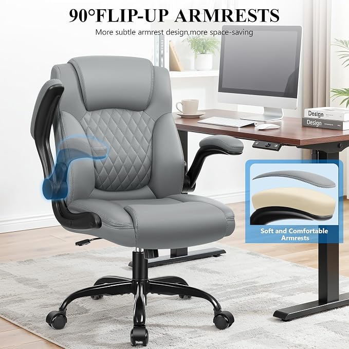 Ergonomic Office Chair, Adjustable Leather Computer Chair with Flip-Up Armrests & Lumbar Support, 275 lbs Capacity, 360° Swivel Task Chair for Home Office, Gray