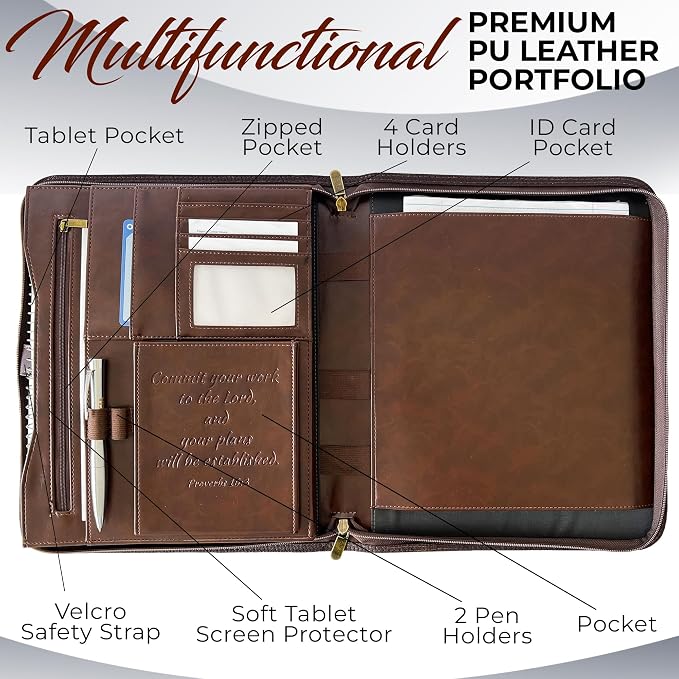 DEHITE Leather Portfolio for Men – Padfolio Case for Men and Women – Brown Bible Notebook Organizer – Pen Slots – Zipper Binder – Premium PU Leather – Feels Like Full-Grain – Office Gift Accessories