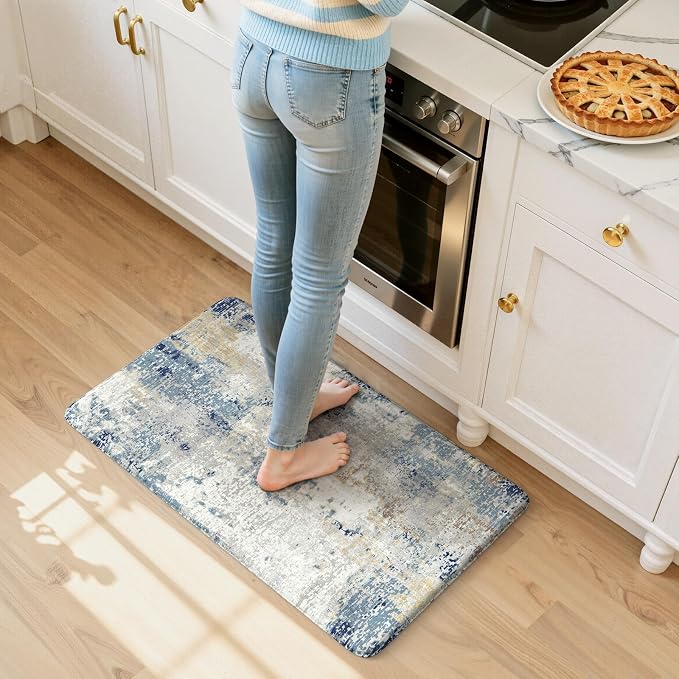 LEEVAN Anti Fatigue Kitchen Mats for Floor, Non-Slip Cushioned Kitchen Rugs | 20"x31", Modern Abstract Blue Thick Memory Foam Kitchen Rugs, Waterproof Ergonomic Standing Mats for Laundry, Office & Sink