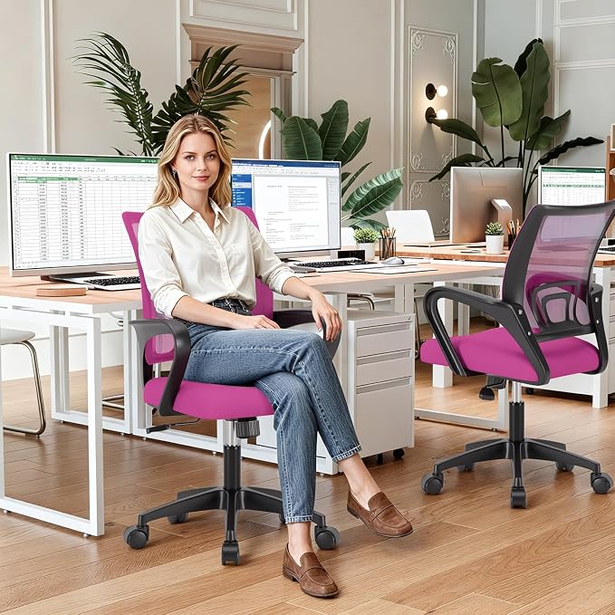BestOffice | Ergonomic Office Chair | Mid-Back Swivel Desk Chair | Breathable Backrest & Lumbar Support | Adjustable Height | Sponge Seat | Rolling Wheels | Pink | for Adults & Women