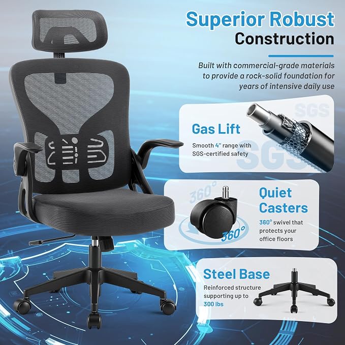 Office Chair Ergonomic Desk Chair with Adjustable Headrest Lumbar Support, High Back Breathable Mesh Chair with 120° Tilt & Flip-Up Armrests, Swivel Comfy Task Computer Chair for Work, Study