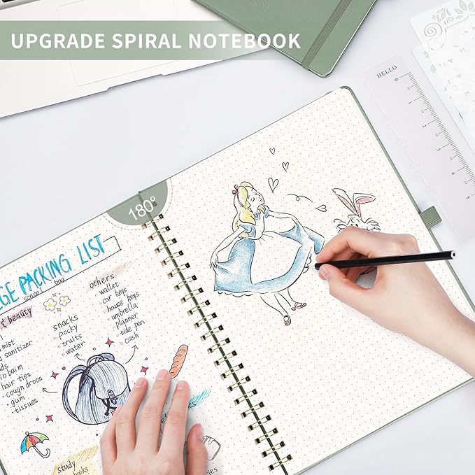 AHGXG Dotted Journal Spiral Notebook 8.5" x 11", Large A4 Leather Hardcover Dotted Notebook, 100 GSM Thick Dot Grid Paper, Inner Pocket, for Dotted Journaling, Sage Green