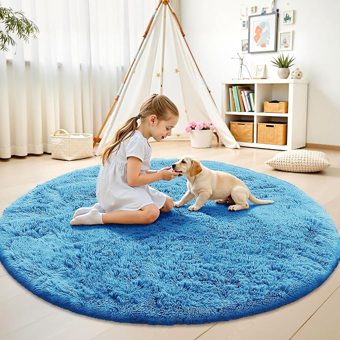 OLANLY Bright Blue Round Rugs for Bedroom - Machine Washable, 8 ft Circle Area Rugs for Living Room, Soft and Fluffy Shaggy Carpet for Teen Girl and Boys, Nursery Rooms, Dorms, Home Decor Aesthetic