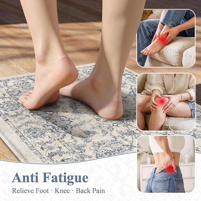 KIMODE Anti Fatigue Kitchen Mats for Floor, Boho Floral Kitchen Rugs 17"x29.5"+17" x47”, Cushioned Mats for Kitchen Floor, Non Slip Kitchen Floor Mats, Sink, Laundry, Office, Desk Blue Multi