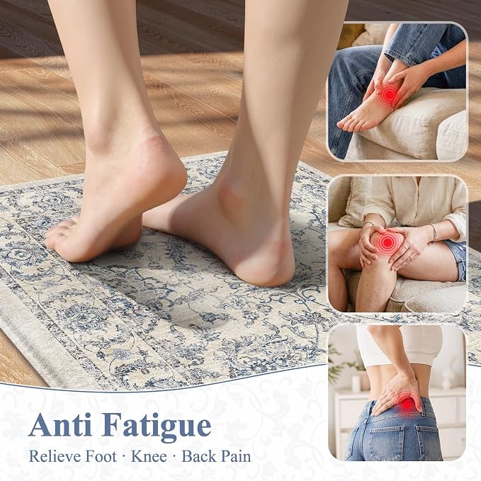KIMODE Anti Fatigue Kitchen Mats, Floral Distressed Kitchen Rugs Sets of 2, Cushioned Non Skid Kitchen Mats for Floor, Comfort Kitchen Floor Mats for Sink, Laundry, Desk Blue Multi 17"x59"+17"x29"