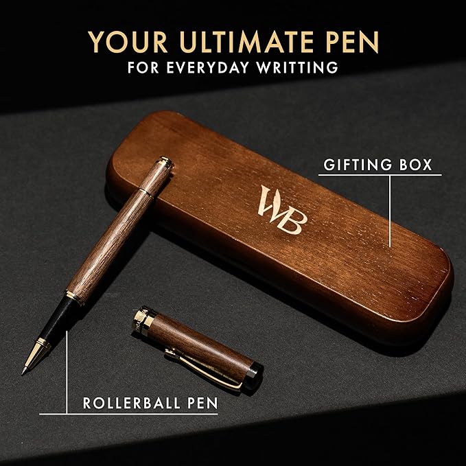 Wordsworth and Black Rollerball Pen-Stunning Luxury Pen Bamboo Brownwood Gold Finish, Refillable, Best Roller Ball Gift Set Pen for Men & Women, Ink Refill, Point Office Pens for Writing