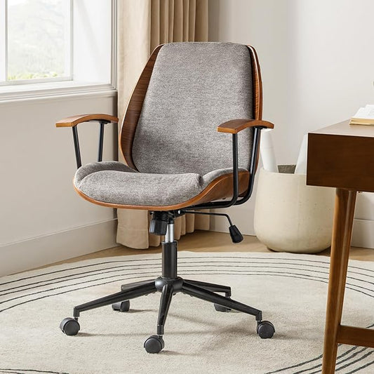HULALA HOME Solid Wood Office Chair with Tilt Function & Metal Base, Tan | Mid Century Modern Desk Chair with Bent Wood Frame, 360° Swivel Fabric Computer Task Chair, Height Adjustable