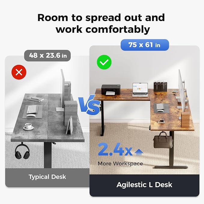 Agilestic Electric L Shaped Standing Desk 75 x 61 Inch with Power Outlet, Height Adjustable Corner Stand up Desk with Cable Management,Sit Stand Home Office Workstation with Splice Board, Rustic Brown