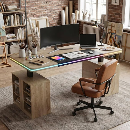 MOUMON 63" Executive Standing Desk with Storage Pedestals and LED Lights, Electric Height Adjustable Desk with Shelves and Built-in Outlets, for Home Office Oak and Black 63"W x 27.6"D x 29.4"-46.9"H