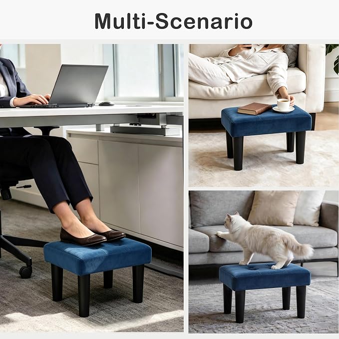 CAROLMADE Footstool Ottoman with Legs, Velvet Small Foot Rest Under Desk, Ottoman with Storage for Living Room, Bedroom, Entryway Blue