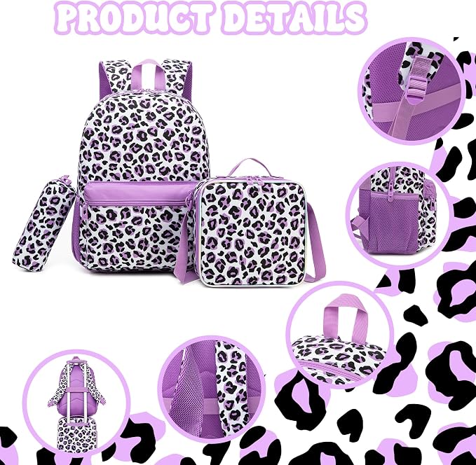 Backpack for Girls Backpack for School 8-10 Kids Backpacks with Lunch Box Leopard Print Schoolbag for Kids