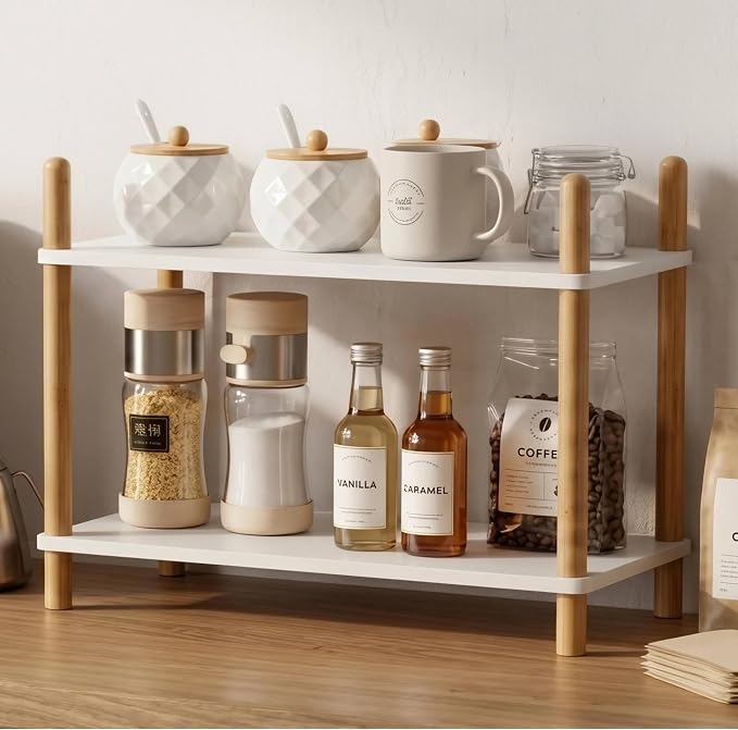 2-Tier Bamboo Coffee Bar Organizer,Coffee Bar Accessories, Mul-tifunctional Wooden Beaded Coffee Station Countertop Stand Shelf for Kitchen Home Office,Counter Riser Display Shelf for Top of Desk Home