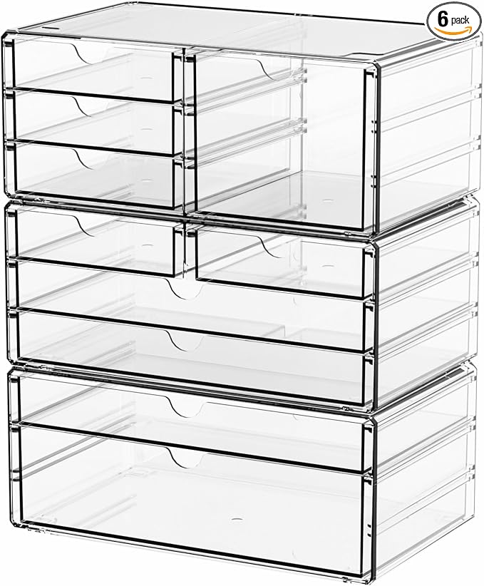 3 Pack Clear Storage Drawers With 10 Drawers,Stackable 11.1” Large Acrylic Drawer Organizer and Makeup Organizer For Vanity,Bathroom Countertop,Cabinet,Pantry,Office Supply Storage Bins Drawers
