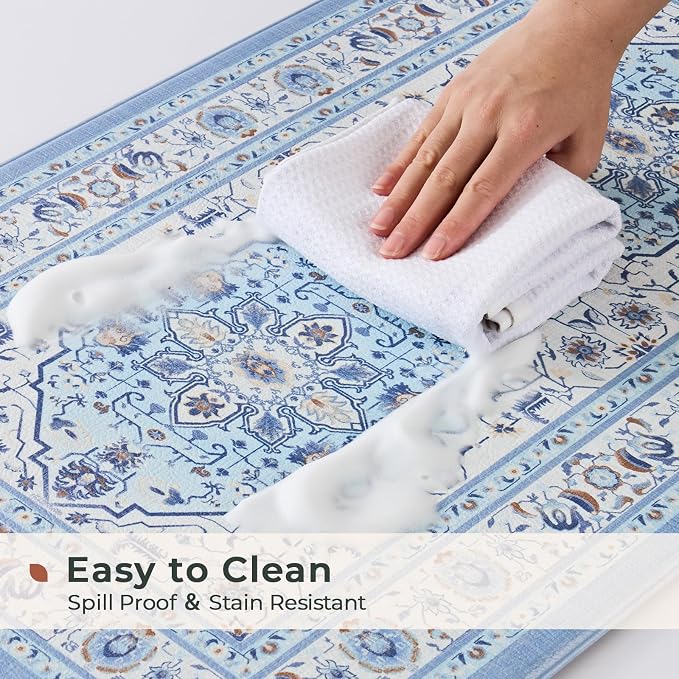 FRESHMINT Medallion Kitchen Mat Set 2 Piece, 17x30''+17x47'', Light Blue | Anti-Fatigue, Non Slip, Comfort, Kitchen Decor, Easy to Clean, Waterproof, Perfect for Kitchen, Laundry, Office