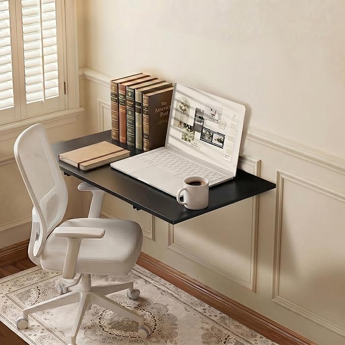 GOYLSER Wall Mounted Table Fold Down Workbench Length 25" Width 15.7", Laundry Floating Desk for the Garage/Shed/Office/Bar/Home Kitchen & Dining Room, Black