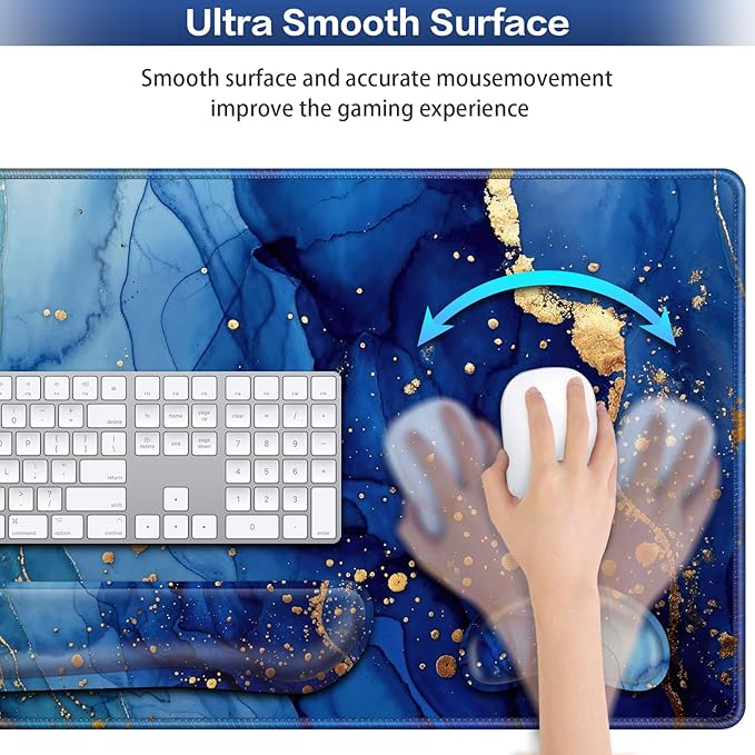 Desk Mat Blue, Large Gaming Mouse Pad with Wrist Rest, 4in1 XXL Mousepad+Keyboard Wrist Rest+Mouse Pad Wrist Support+Cup Coaster Set Ergonomic Computer Desk Arm Wrist for Decor Home Office Women