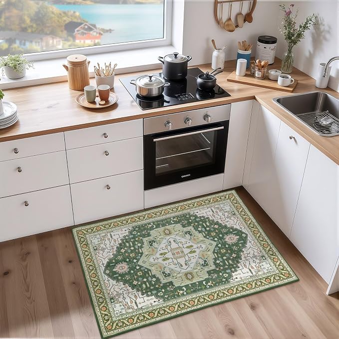Macgace 2x3 Green White Small Area Rug for Entryway, Soft Washable Rugs with Non-Slip Backing for Bedroom Kitchen, Vintage Throw Carpet Laundry Entry Front Door Decor