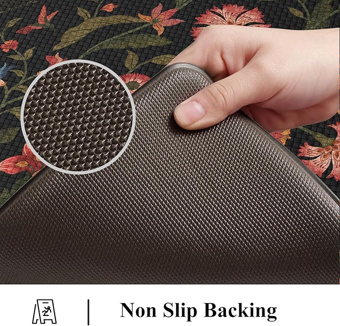 Collive Anti Fatigue Mats for Kitchen Floor, Waterproof Cushioned Kitchen Rugs Sets of 2 Non Skid Padded Sink Rugs, Vintage Floral Comfort Standing Mat for Laundry, Office, 17.3"x29"+17.3"x59", Black