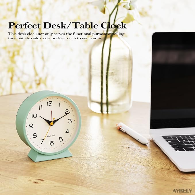 AYRELY® 4.5" Analog Alarm Clock, Small Retro Desk Clock and Table Clock | Battery Operated, Silent Metal Table Clock with Light for Living Room Decor, Bedroom, Bedside and Shelf (Green)