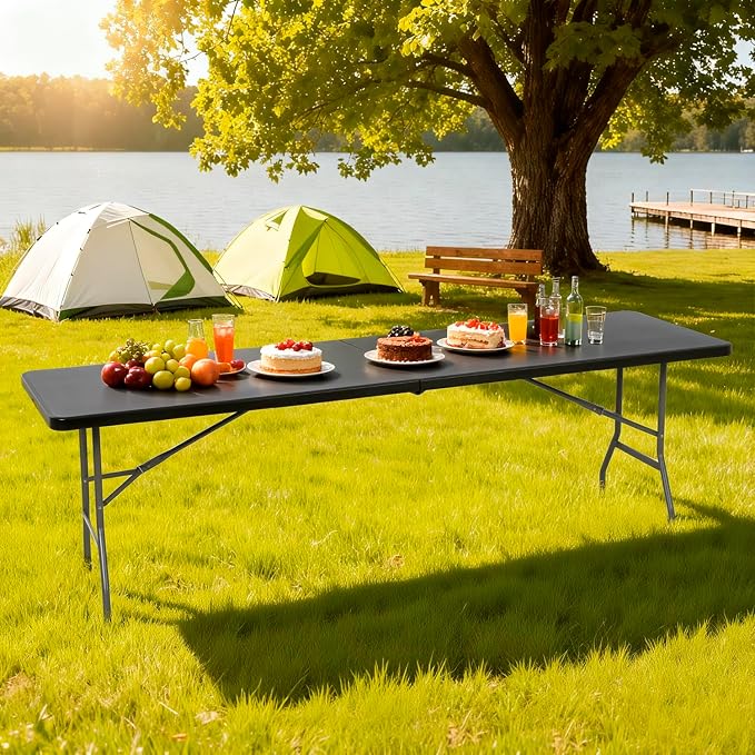 BestOffice 8 FT Picnic Table Folding Table Camping Plastic Table Fold Up Table Lock for Party Event, Black