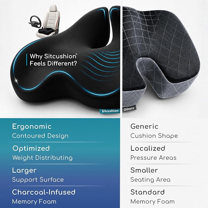 SitCushion Car Seat Cushion for Long Driving – X Large Memory Foam Seat Cushion with Breathable 4D Mesh Cover, Sciatica & Tailbone Pain Relief, Orthopedic Coccyx Cushion for Car, Truck (Black)