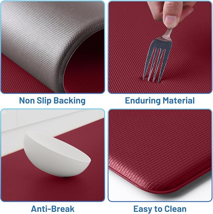 StepLively Kitchen Mat, 2 PCS Kitchen Rugs, Cushioned Kitchen Mats for Floor, Anti Fatigue Kitchen Rug Set, Non-Skid Standing Mat for Kitchen, Office, Sink, 17.3"x30"+17.3"x70", Red