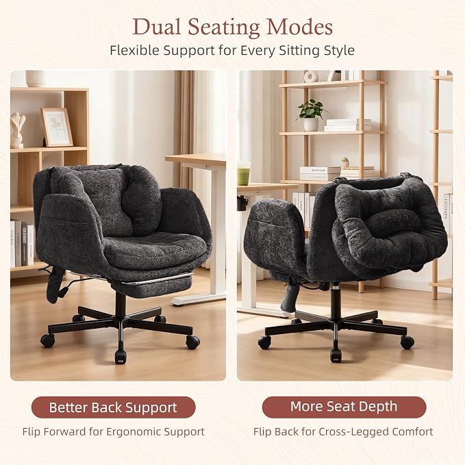 Criss Cross Office Chair with Footrest and 5-Gear Adjustable Arms, Black | Wide seat cross-legged desk chair, flip lumbar pillow, airbag support, chenille fabric, for home office vanity and meditation