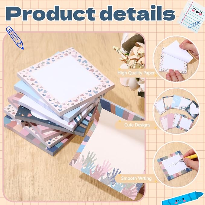 9 Pads Cute Sticky Notes Cartoon Self Stick Notepads 3x3 Inches Notes Adhesive Memo Pad Office Decor Gifts for Students School Teacher Office Meeting(Boho)