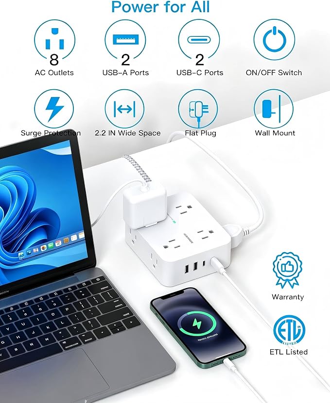 HANYCONY 5 Ft Braided Extension Cord with Ultra-Thin Flat Plug, 8 Widely Spaced Outlets and 4 USB Ports (2 USB C), 1080J Surge Protector Power Strip, Small Desktop Charging Station for Dorm Room