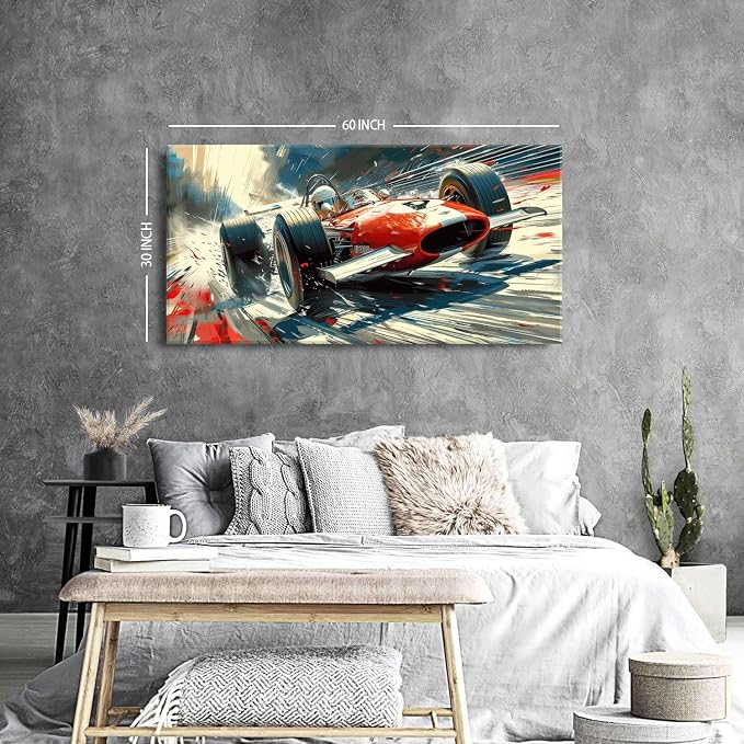 Vintage Formula Race Car Wall Art Abstract Racing Car Canvas Painting Retro Speed Posters for Boys Bedroom Man Cave Garage Office Living Room Home Decoration Open Wheel Motorsport Artwork 30x60"