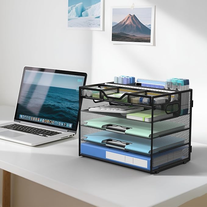 Docnest 5 Tier Mesh Desk Organizer with Adjustable Compartments - Stackable Letter Tray with Built-in Pen Holder & Handles - Desktop File Storage for Office, Home, School Supplies - Black