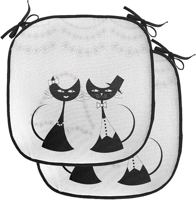 Lunarable Animals Chair Cushion Pads Set of 2, Cats The Groom and Bride Life Partners Celebrating with Dress Bow Tie Joyful, Anti-Slip Seat Padding for Kitchen & Patio, 16"x16", Grey Black White