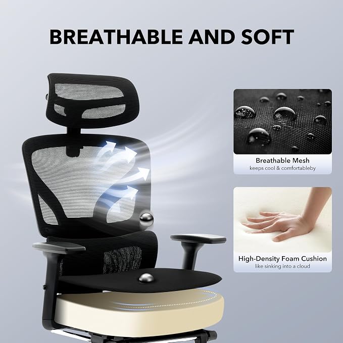 Office Chair Ergonomic Desk Chair - Home Mesh Chair with Adjustable Footrest Lumbar Support, High-Back Computer Gaming Chair with Headrest 3D Armrests, Rolling Swivel Task Chairs for Home, Office