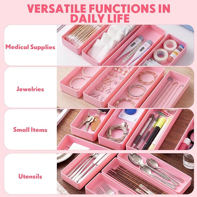 Teling 12 Pcs Pink Large Rectangular Desk Organizer Set Half Accessory Tray Plastic Tabletop Organizer for Office Home or Study Dimensions: 9.45 x 2.95 x 1.38 Inches