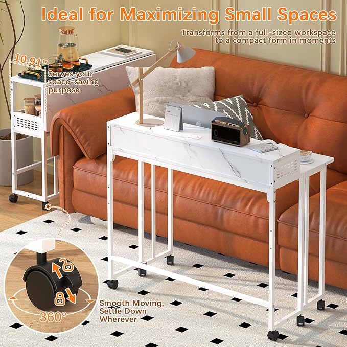 Gezen Folding Desk With Storage Shelf, Small Rolling With Wheels, Mobile Couch Sofa Side Table Bed for Home Office Small Space, White Marble, 39.4"