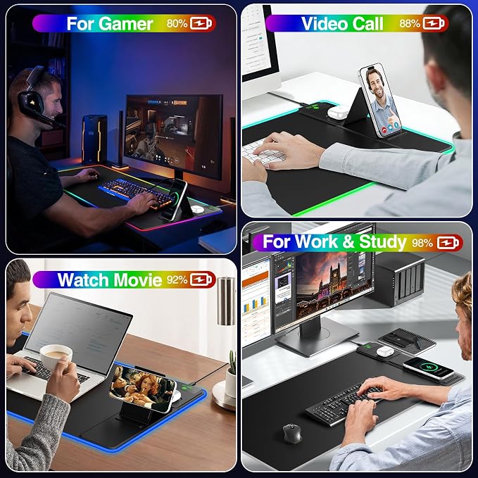 RGB Gaming Mouse Pad with Magnetic Wireless Charging & Foldable Phone Stand | 31.5"x15.8" XXL Large LED Mousepad with Stitched Edges, Ultra-Smooth Waterproof Surface, 25 Lighting Effects, Non-Slip Base