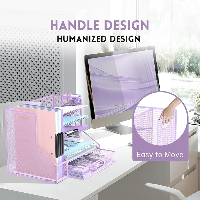 5-Tier Desk Organizer with File Holder & Pen Holder & Drawer, Purple | Mesh Metal Paper Letter Tray for Papers, Mail, Office Supplies, and Desk Accessories