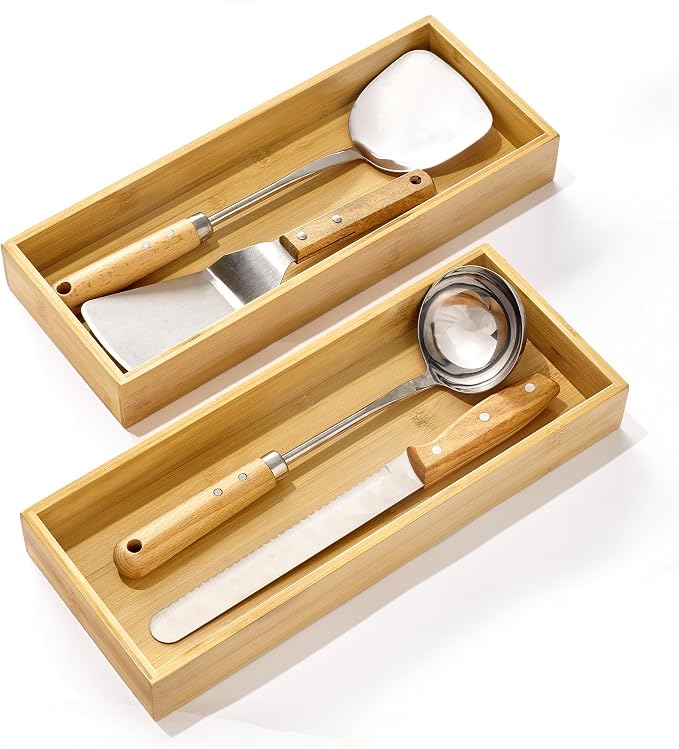 Vtopmart 2 Pack Bamboo Drawer Organizer Boxes, Junk Drawer Storage Trays | Natural Bamboo Storage Dividers for Kitchen, Bathroom, Office & Vanity Drawers, Organize Jewelry, Makeup, Tools & Essentials