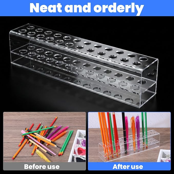 2 Pcs Acrylic Pen Holder, 24 Slots Pen Stand for Storage, Clear Pencil Display Stand, Acrylic Makeup Brush Display Rack Organizer for Art Paint Brush Home Office Desk Supplies