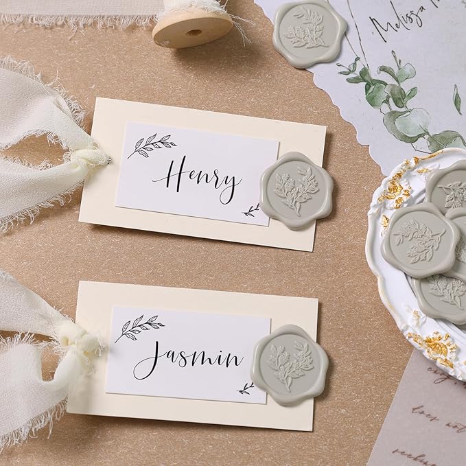UNIQOOO Wax Seal Stickers - Eucalyptus Wedding Invitation Envelope Seal Stickers, 50 Pcs Self- Adhesive Neutral Linen Warm Grey Stickers, Perfect for Invitation, Christmas, Gift Wrapping
