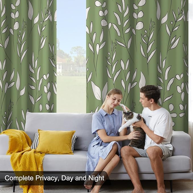 Blackout Curtains for Bedroom Living Room Grommet Thermal Insulated Room Darkening Drapes, Green and White Leaves Print Blackout Curtains 84 Inch Length 2 Panels Set Soundproof Maintain Privacy