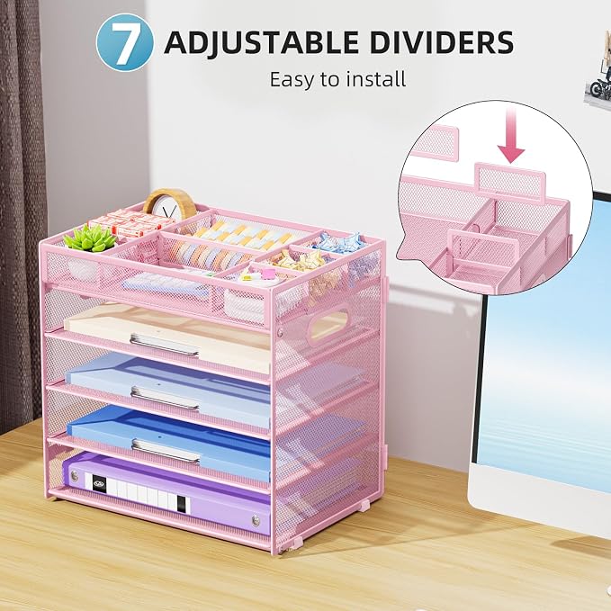 Marbrasse 5 Tier Paper Organizer, Mesh Desk Letter Tray with Handle,Pink | Paper Sorter Desk Organizer for Letter/A4 Office File Folder Holder Home Office Supplies
