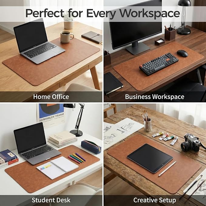 Premium Faux Leather Desk Mat & Tray Set，Innovative Cork-Look Printed Base，Gift Tube Packaging，Full-Desk Coverage，Non-Slip Desk Pad for Office Home（Cognac Brown）