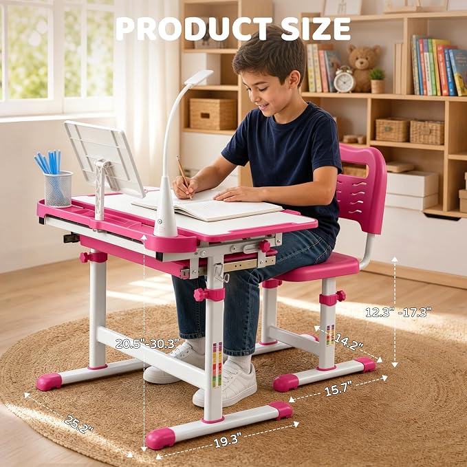 Diroan Kids Desk and Chair Set with LED Light, Height-Adjustable for Age 7+ | Ergonomic, Large 0‑45°desk, Sturdy steel frame, Storage drawer, Bookstand, Metal hook