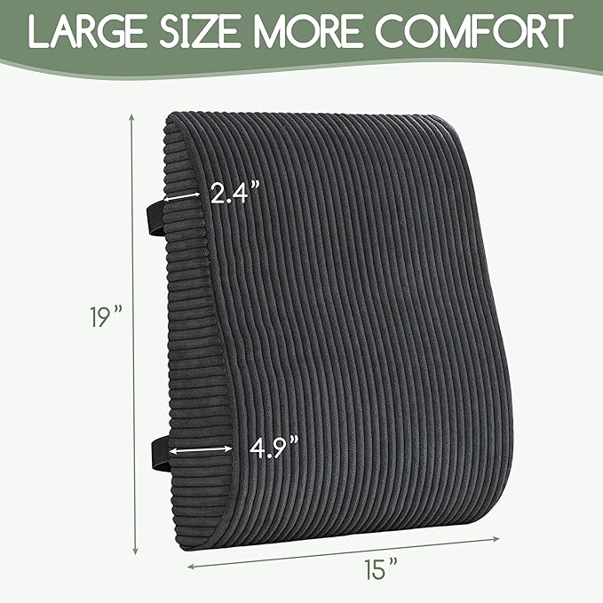 Ergonomic Lumbar Support Pillow for Lower Back Pain Relief, Corduroy Cover Back Support Cushion with Adjustable Straps, Large Size Lumbar Pillow for Office, Gaming & Home Essentials, Large, Dark Grey