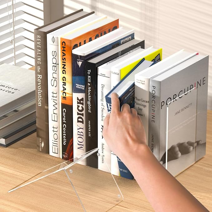 Acrylic Bookends 6 Pcs, Clear Book Ends for Shelves, Bookend Organizer | Transparent Book Holder Stand Decorative, Book Stoppers for Heavy Duty Books, CD, File, Video Games