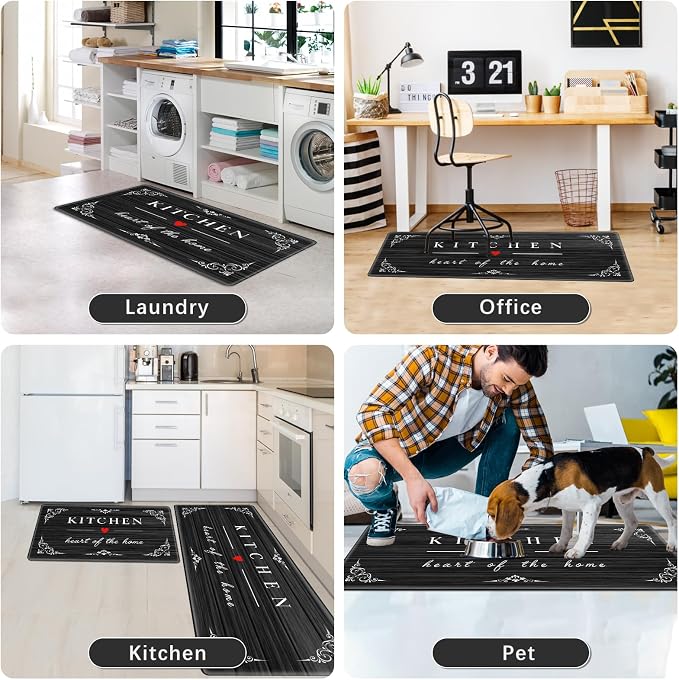 Sofort Kitchen Mat for Floor, Anti Fatigue Cushioned Kitchen Rugs Sets of 2 | Non-slip, Waterproof, Comfort, Rustic Wooden, Black, For Kitchen, Office, Sink, Laundry, 17"x 29"+ 17"x 47"